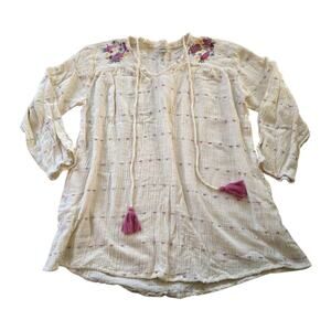 earthbound trading company Shirt dress Tunic SZ L Floral Embroidery Shoulders